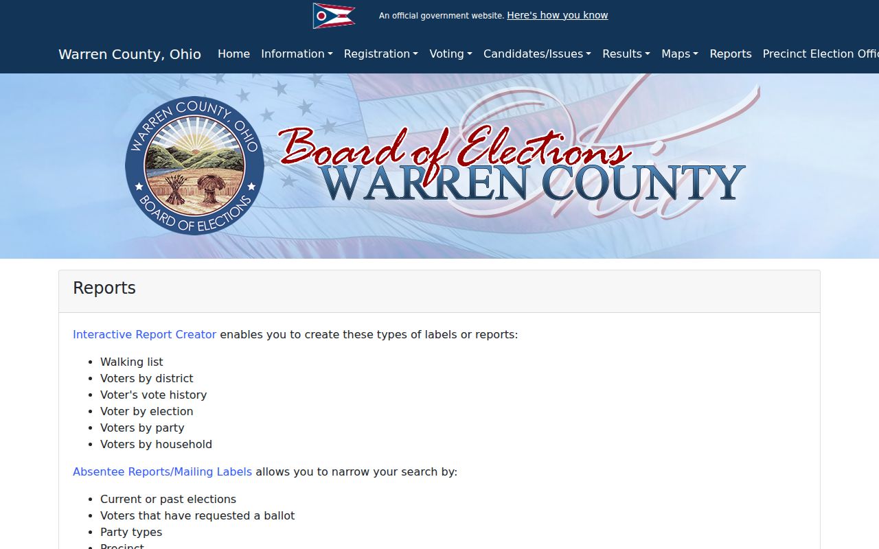 Mason street directory Warren County Board of Elections reports menu